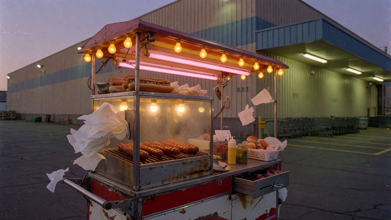 A vintage 1980s hot dog cart glowing outside a warehouse at dusk.