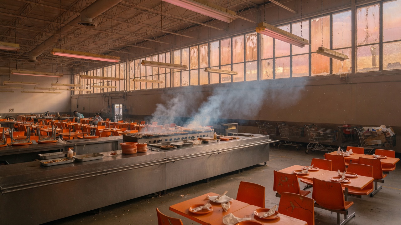 A vast warehouse food court with cafeteria seating and hanging lights.