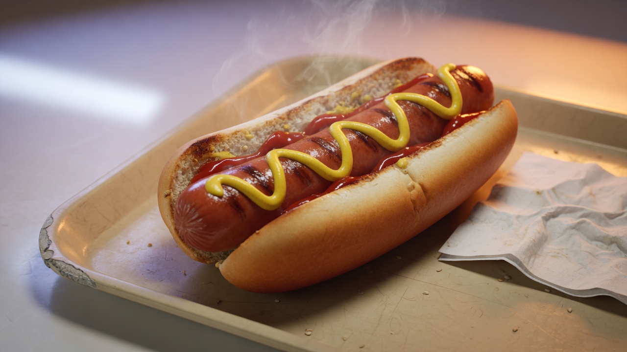A glistening quarter-pound hot dog in a toasted bun with mustard and ketchup on a cafeteria tray.