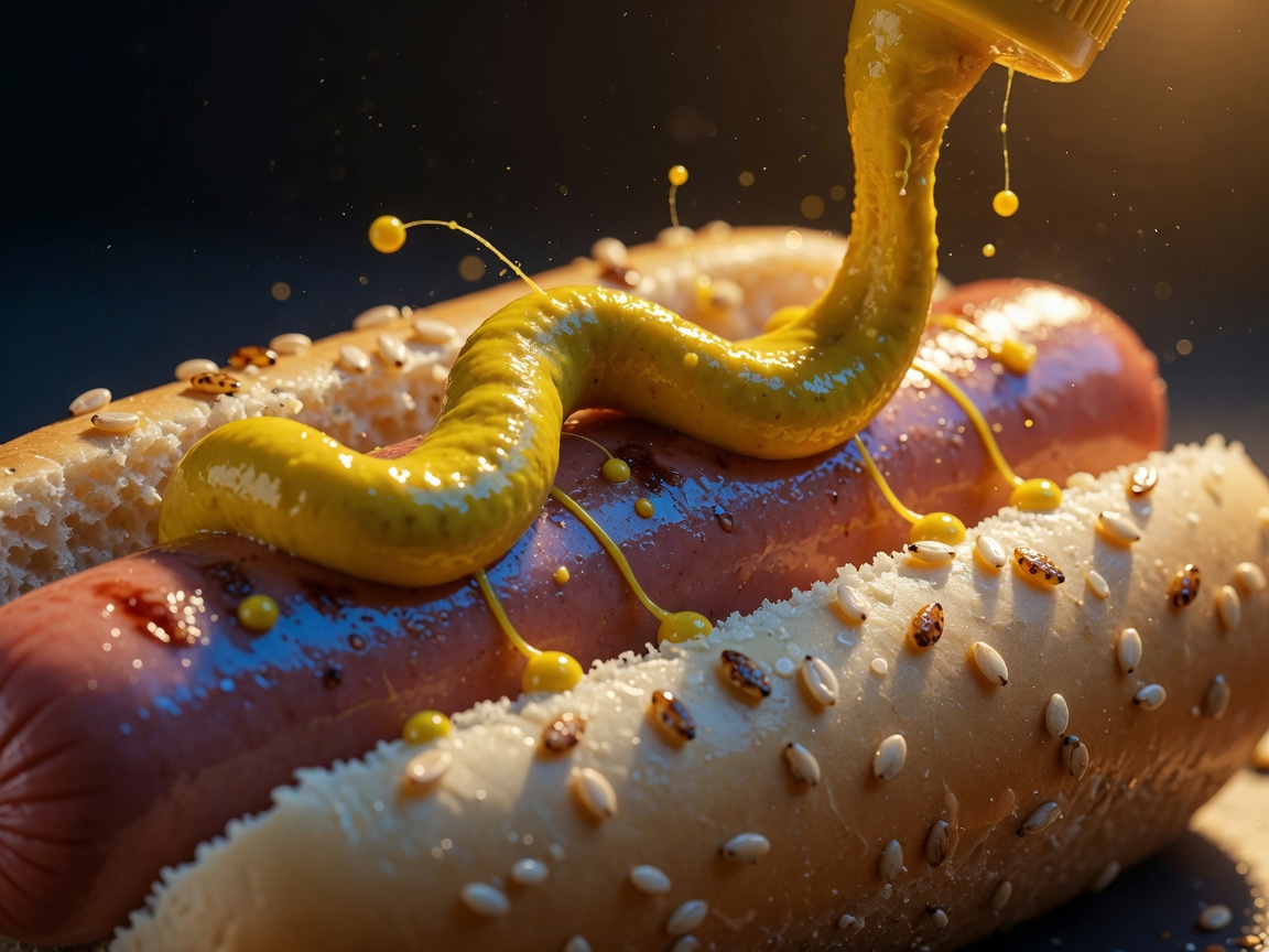 A ribbon of yellow mustard landing on a hot dog in close-up.